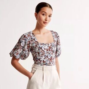 Abercrombie Puff Sleeve Shine Cotton Squareneck Top